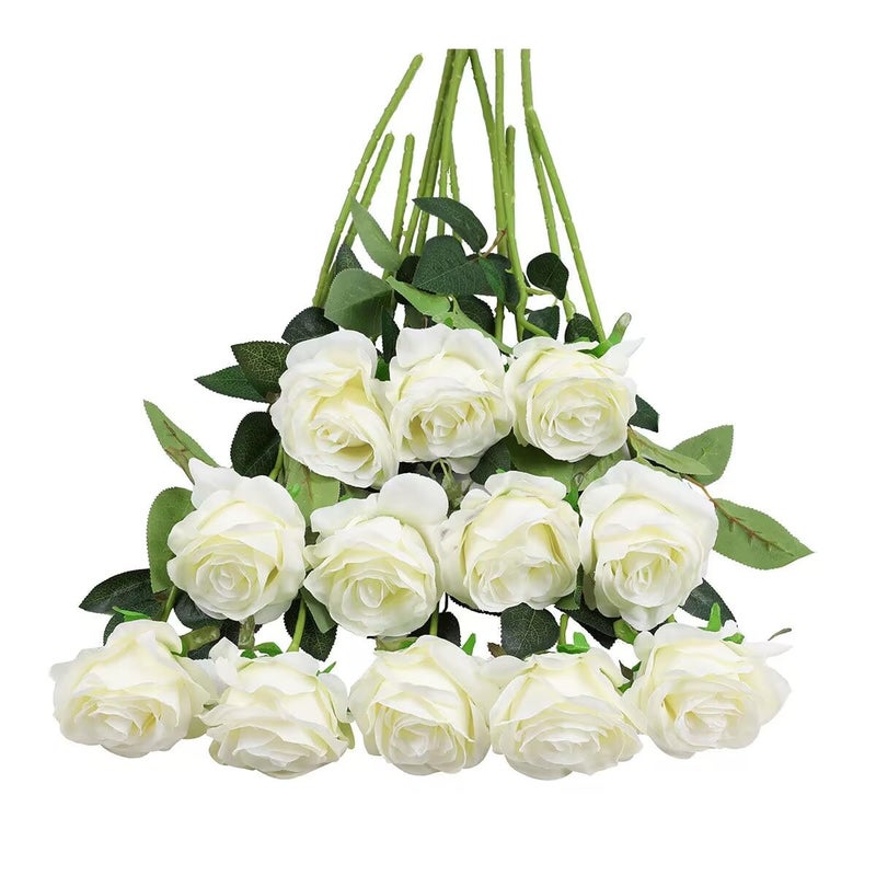 Tifuly زهور صناعية من Tifuly White Roses - 12 قطعة من باقة ورود الحرير المزيفة ذات جذع طويل واحد واقعي للحفلات والمنزل وحفلات الزفاف والديكور المنزلي (أبيض فاتح) - Image 1